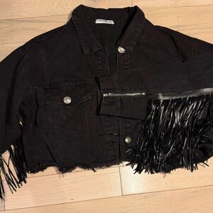 Black Faux Leather Fringe Denim Jacket